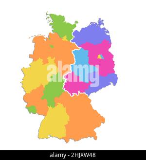 Mappa della Germania divisa su mappa dell'Ovest e dell'Est, divisione amministrativa, mappa dei colori isolata su sfondo bianco, vuota Foto Stock