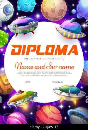 Kids diploma con dischi volanti, alieno UFO e spazio pianeti vettore sfondo frame. Diploma di scuola e scuola materna, certificazione di conseguimento Illustrazione Vettoriale