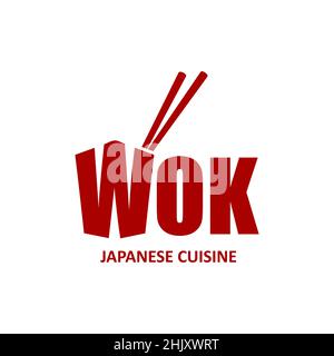 Icona wok box, cucina cinese e giapponese wok e bastoni. Simbolo vettoriale di colore rosso e bianco per il ristorante asiatico con bacchette di bambù tradizionali Illustrazione Vettoriale