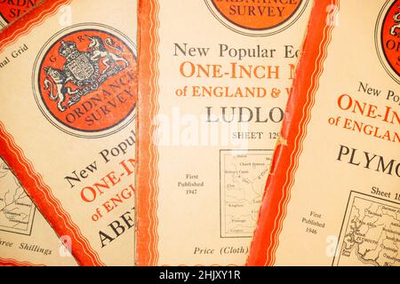 Antique 1946 1947 Ordnance Survey un pollice mappe di Inghilterra e Galles. Ludlow, Aberystwyth, Foto Stock