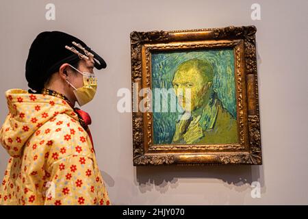 LONDRA, REGNO UNITO. 1 febbraio 2022. Autoritratto Saint-Rémy, fine agosto 1889, dipinto ad olio su tela. Una mostra di riferimento alla Courtauld Gallery di Londra con autoritratti di Vincent Van Gogh con due autoritratti che non sono stati visti insieme da quando ha lasciato la sala di lavoro dell'artista a Saint-Rémy-de-Provence. La mostra Autoritratti si apre al pubblico dal 3 febbraio -8 maggio 2022. Credit: amer Ghazzal/Alamy Live News Foto Stock