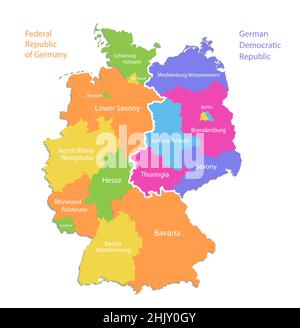 Mappa della Germania divisa su mappa dell'Ovest e dell'Est, divisione amministrativa, regioni separate con nomi, mappa a colori isolata su vettore bianco Illustrazione Vettoriale