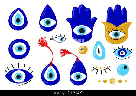 Occhi malvagi. Set di mascotte diverse disegnate a mano. Occhio malvagio, HAMSA, mano di Fatima, occhio della Provvidenza. Illustrazioni vettoriali di amuleti in blu. Stile disegno a mano libera. Isolato su bianco Illustrazione Vettoriale