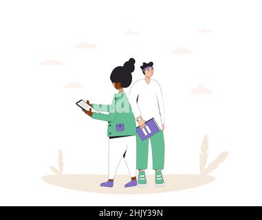 Due amici che si uniscono a libri elettronici e cartacei. Fan della letteratura. Illustrazione della linea vettoriale. Illustrazione Vettoriale