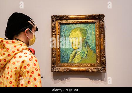 LONDRA, REGNO UNITO. 1 febbraio 2022. Autoritratto Saint-Rémy, fine agosto 1889, dipinto ad olio su tela. Una mostra di riferimento alla Courtauld Gallery di Londra con autoritratti di Vincent Van Gogh con due autoritratti che non sono stati visti insieme da quando ha lasciato la sala di lavoro dell'artista a Saint-Rémy-de-Provence. La mostra Autoritratti si apre al pubblico dal 3 febbraio -8 maggio 2022. Credit: amer Ghazzal/Alamy Live News Foto Stock