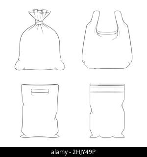 Set di illustrazioni in bianco e nero con confezioni e sacchetti di plastica. Oggetti vettoriali isolati su sfondo bianco. Illustrazione Vettoriale