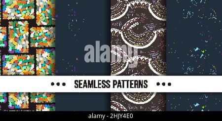 Set di samless ornate, noodle disegni astratti a mano. Illustrazione vettoriale. Trama dello schizzo a inchiostro, immagine del disegno a tratteggio ruvido Illustrazione Vettoriale