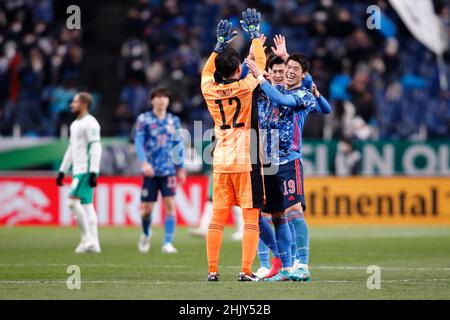 Saitama, Giappone. 1st Feb 2022. I giocatori del Giappone festeggiano dopo aver vinto la partita AFC Asian Qualifiers (Road to Qatar) Japan vs Arabia Saudita al Saitama Stadium 2002 in Giappone. Il Giappone sconfigge l'Arabo Saudita 2-0. (Credit Image: © Rodrigo Reyes Marin/ZUMA Press Wire) Foto Stock