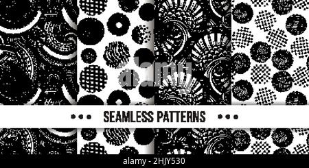 Set di samless ornate, noodle disegni astratti a mano. Illustrazione vettoriale. Trama dello schizzo a inchiostro, immagine del disegno a tratteggio ruvido Illustrazione Vettoriale