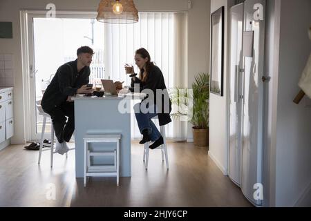 Giovane coppia libera utilizzando il portatile a casa Foto Stock