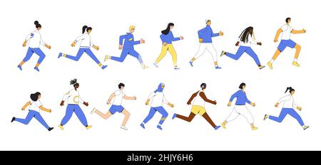 La gente che corre ha impostato isolato su sfondo bianco. Corridori diversi, atleti, personaggi sportivi. Partecipazione a gare sportive, gare atletiche Illustrazione Vettoriale
