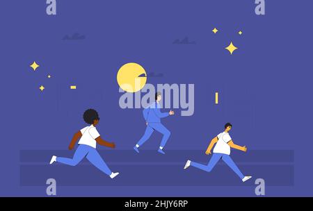 Gente che corre di notte. Corridori diversi, atleti, personaggi sportivi. Partecipazione a gare sportive, gare atletiche. Maratona, esercizio. Jo Illustrazione Vettoriale