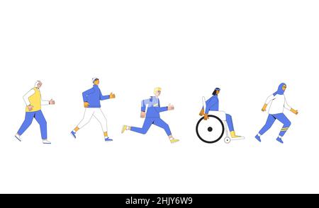 Gente in corsa. Corridori diversi, atleti, personaggi sportivi. Diverse artipiation in gare sportive, gare atletiche. Maratona, esercizio. Jogg Illustrazione Vettoriale