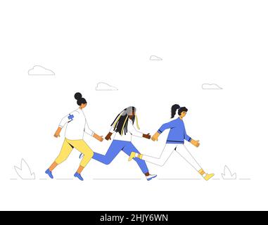 Donne in corsa. Tre donne corridori, atleti, persone sportive. Diverse artipiation in gare sportive, gare atletiche. Maratona, esercizio. Jogge Illustrazione Vettoriale