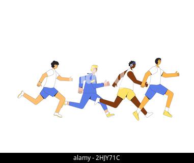 Squadra di uomini running. Corridori diversi, atleti, personaggi sportivi. Maratona, esercizio. Jogger. Illustrazione vettoriale. Illustrazione Vettoriale