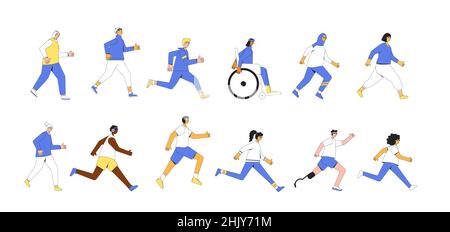 La gente che corre ha impostato isolato su sfondo bianco. Corridori diversi, atleti, personaggi sportivi. Partecipazione a gare sportive, gare atletiche Illustrazione Vettoriale