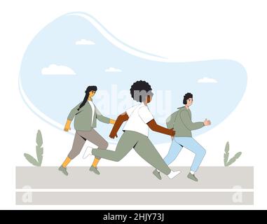 Gente in corsa. Corridori diversi, atleti, personaggi sportivi. Partecipazione a gare sportive, gare atletiche. Maratona, esercizio. Joggers a. Illustrazione Vettoriale