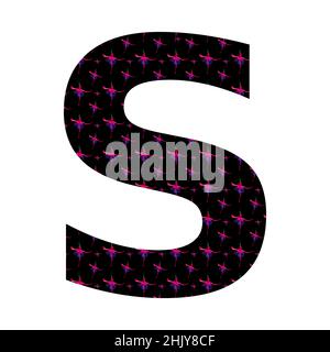 Lettera S dell'alfabeto con un motivo di fiori rosa fucsia su sfondo nero, isolato su sfondo bianco, vettore Illustrazione Vettoriale