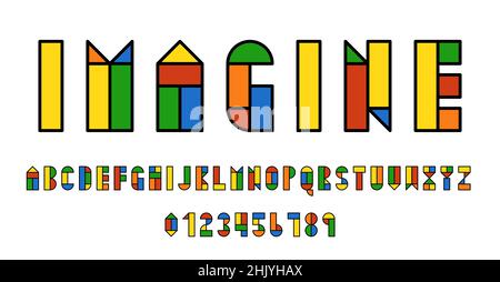 Set di alfabeti caratteri lettere e numeri moderno disegno astratto con forme geometriche illustrazione vettoriale Illustrazione Vettoriale