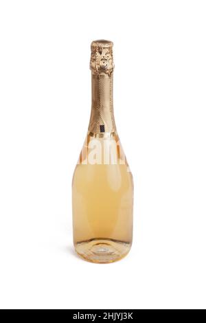 una bottiglia di champagne a chiusura completa isolata su sfondo bianco. Foto Stock