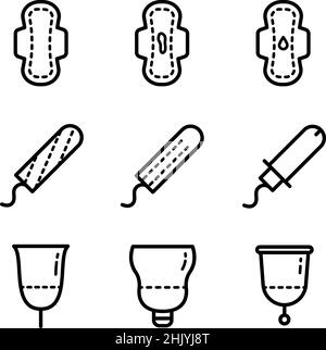 I prodotti per l'igiene femminile delineano il set di icone. Prodotti classici tamponi sanitari e tampone, tazza mestruale. Illustrazione vettoriale con linea nera, design piatto Illustrazione Vettoriale