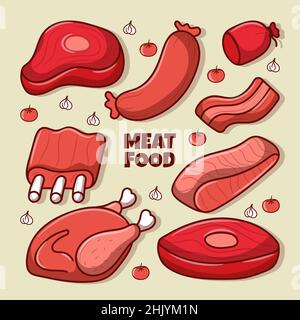 Set di elementi di carne con illustrazione colorata a forma di scarabocchio Illustrazione Vettoriale