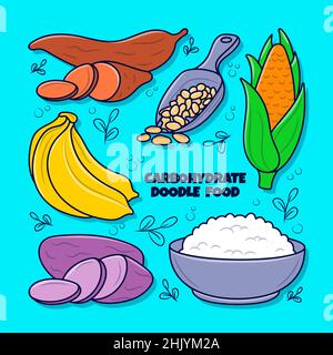 Set di elementi alimentari in carboidrati con illustrazione colorata disegnata a mano Illustrazione Vettoriale