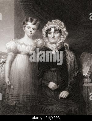 Jean Armor, 1765 - 1834. Moglie scozzese del poeta Robert Burns. Ha dato a Burns nove figli di cui solo tre sopravvissuti all'età adulta. La ragazza accanto alla signora Burns è uno dei suoi nipoti. Dopo un'incisione di William Holl. Foto Stock