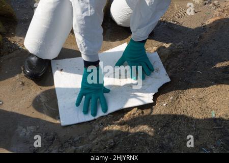 Il personale militare, i volontari e il pubblico ripuliscono le fuoriuscite di petrolio sulle rocce e sulle spiagge a seguito di una fuga di petrolio greggio della Star Petroleum Refining Company in un unico punto di ormeggio nel mezzo del mare o di trasferimento offshore del petrolio. (Foto di Atiwat Siltamethanont/Pacific Press)/ Foto Stock