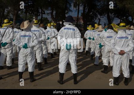 I pulitori per fuoriuscite di olio si stanno allineando per ascoltare gli ordini dei supervisori. (Foto di Atiwat Siltamethanont/Pacific Press)/ Foto Stock