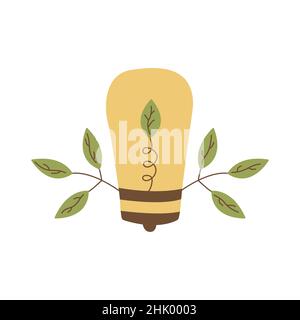 Ora di terra. Lampadina con una foglia all'interno e sui lati. Salvare il pianeta. Disegno a mano colorato vettore isolato illustrazione. Icona clip art Illustrazione Vettoriale