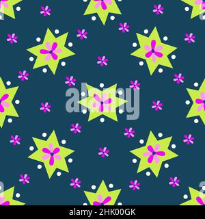 Ripetizione senza giunture. Stella verde con fiore viola al centro su sfondo blu. Composizione geometrica astratta, stampa. Illustrazione vettoriale colorata Illustrazione Vettoriale