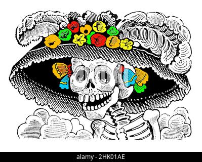 La Calavera Catrina giorno classico del defunto illustrazione. Colori con vivaci colorazioni messicane fiesta. Foto Stock