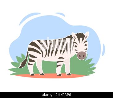 Zebra carina a righe di cartoni animati. Erbivoro africano. Illustrazione vettoriale. Carattere figlio. Sfondo della fauna selvatica Illustrazione Vettoriale