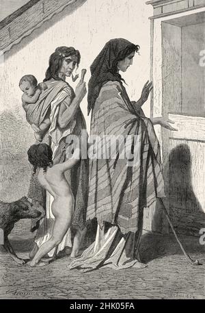 Le donne mendicanti zingari mendicanti alla porta di una casa intorno a Osijek, regione di Slavonija in Croazia, Europa. Vecchio 19th secolo inciso illustrazione da Voyage al sud slavi di Georges Perrot, le Tour du Monde 1870 Foto Stock