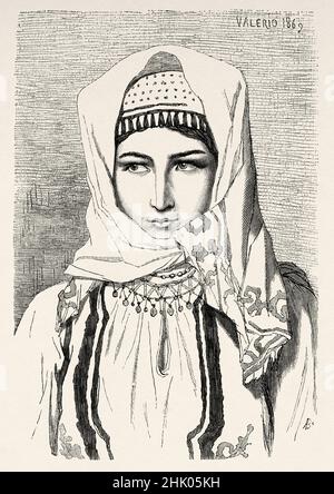 Giovane ragazza contadina croata vestita in abito tradizionale, confine militare bosniaco, Bosnia, Europa. Vecchio 19th secolo inciso illustrazione da Voyage al sud slavi di Georges Perrot, le Tour du Monde 1870 Foto Stock