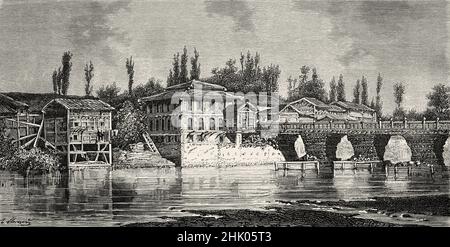 Ponte sul fiume Jhelum, Srinagar, Jammu e Srinagar. India, Asia. Vecchia illustrazione incisa del 19th secolo da viaggio a Punjab e Kashmir di Guillaume Lejean, le Tour du Monde 1870 Foto Stock