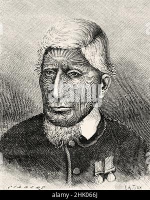 Ritratto del capo Maori neozelandese Mete Kingi, razza maori neozelandese originaria, famiglia malese-polinesiana. Vecchia illustrazione incisa del 19th secolo da la Nature 1884 Foto Stock