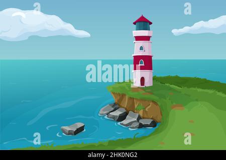 Faro in piedi su una scogliera, scena estiva, paesaggio con oceano, rocce e onde in stile cartoon isolato su sfondo bianco. . Illustrazione vettoriale Illustrazione Vettoriale