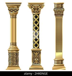 Set di colonne decorative dorate in stile orientale Illustrazione Vettoriale