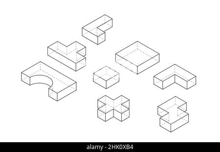 set di forme isometriche diverse con linee tratteggiate, illustrazione 3d in bianco e nero Foto Stock