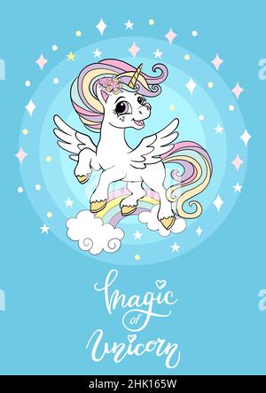 Cartoon gioiosa unicorno ballando su una pioggia. Illustrazione verticale vettoriale con scritte isolate su sfondo blu. Per adesivi, design, decorazioni, stampe Illustrazione Vettoriale