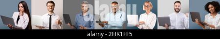 Collage creativo, gruppo di uomini d'affari diversi con computer portatili in posa su sfondi pastello studio, panorama Foto Stock