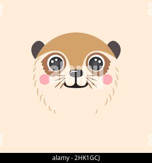 Carino ritratto meerkat quadrato sorriso testa cartone animato forma rotonda animale faccia, isolato avatar mongoose vettore icona illustrazione. Semplice piatto disegnato a mano per i bambini poster, carte, t-shirt, vestiti per bambini Illustrazione Vettoriale