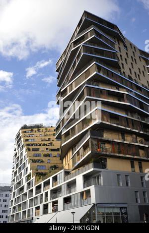 FRANCIA. PARIGI (75) L'HOME TOWER È UN EDIFICIO CHE MESCOLA APPARTAMENTI PRIVATI E SOCIALI NELLO ZAC MASSENA NEL DISTRETTO 13 TH Foto Stock