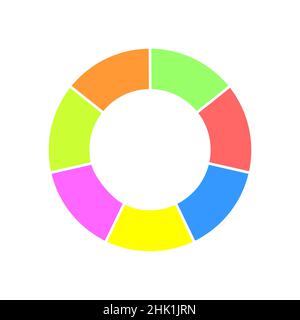 Cartellone delle ciambelle diviso in 7 sezioni. Diagramma a cerchio colorato. Icona ruota infografica. Forma rotonda tagliata in sette segmenti uguali isolati su sfondo bianco. Illustrazione piatta vettoriale Illustrazione Vettoriale