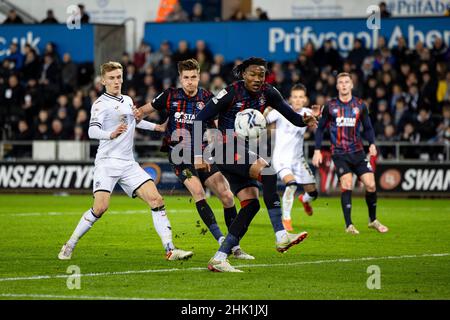 Swansea, Regno Unito. 01st Feb 2022. Amari'i Bell di Luton Town si apre un angolo. EFL Skybet Championship Match, Swansea City / Luton Town allo Stadio Swansea.com di Swansea martedì 1st febbraio 2022. Questa immagine può essere utilizzata solo a scopo editoriale. Solo per uso editoriale, licenza richiesta per uso commerciale. Nessun uso in scommesse, giochi o un singolo club/campionato/player pubblicazioni. pic di Lewis Mitchell/Andrew Orchard sport fotografia/Alamy Live news credito: Andrew Orchard sport fotografia/Alamy Live News Foto Stock