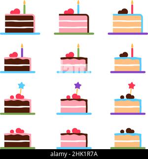 Fette di torta colorate su sfondo bianco. Collezione di pezzi di Birthday Treat glosted al forno. Torta al cioccolato con simbolo di ciliegia e fragola. Luminoso Illustrazione Vettoriale