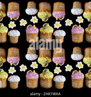 Modello senza cuciture con varie torte pasquali decorate con glassa e fiori primaverili su sfondo quadrato nero. Il concetto di Pasqua luminosa Foto Stock