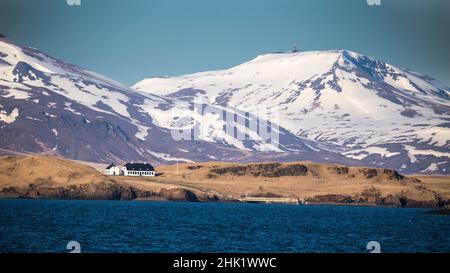 Casa di Viðey, isola di Viðey, Reykjavík, Islanda. Fotografia di viaggio Foto Stock